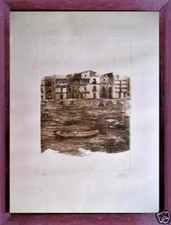 vecchia incisione firmata paesaggio con fiume e barca