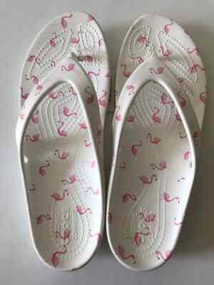 WOMEN'S CROCS WHITE/PINK FLAMINGO KADEE II FLIP FLOP BEACH/POOL SANDAL SIZ 7 NWT