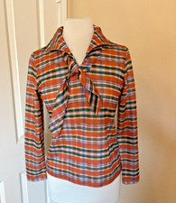 60s 70s Vintage Country Miss Plaid Blouse Sash Orange Sz 10