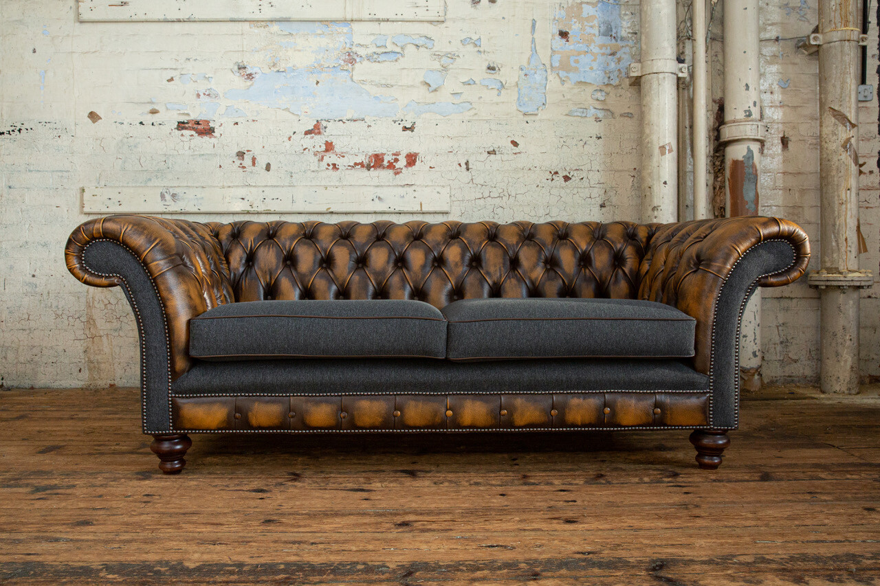HANDMADE 3 SEATER ANTIQUE TAN BROWN LEATHER & DARK GREY WOOL ...