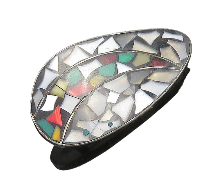 ISRAEL 925 Sterling Silver Vintage Mother Of Pearl Mosaic Brooch