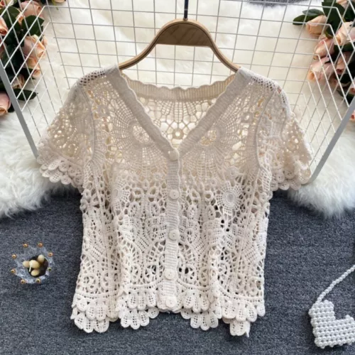 Cardigan bolero donna uncinetto spalle scoperte maglia pizzo crop top copricostume - Foto 2 di 15