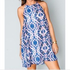 SHOW ME YOUR MUMU Purple/Blue Katy Halter Boho Mini High Neck Low Back Dress SzS