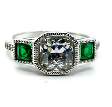 Sterling Silver Ring with CZ and Imitation Emerald - Size 7.75