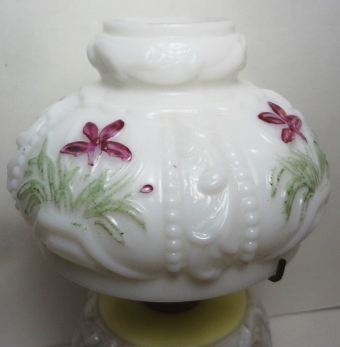 c1889 CONSOLIDATED milk glass WILD IRIS MINIATURE OIL LAMP- FANTASTIC & COMPLETE - Picture 10 of 14