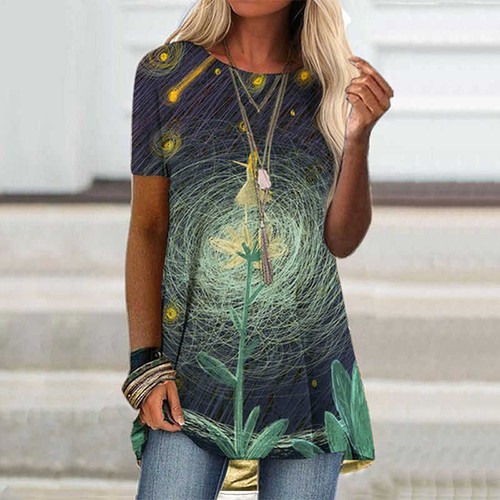 Ladies Tunic Long Tops Shirts Blouse Plus Size Summer Print Pullover T-shirt Tee - Picture 59 of 60
