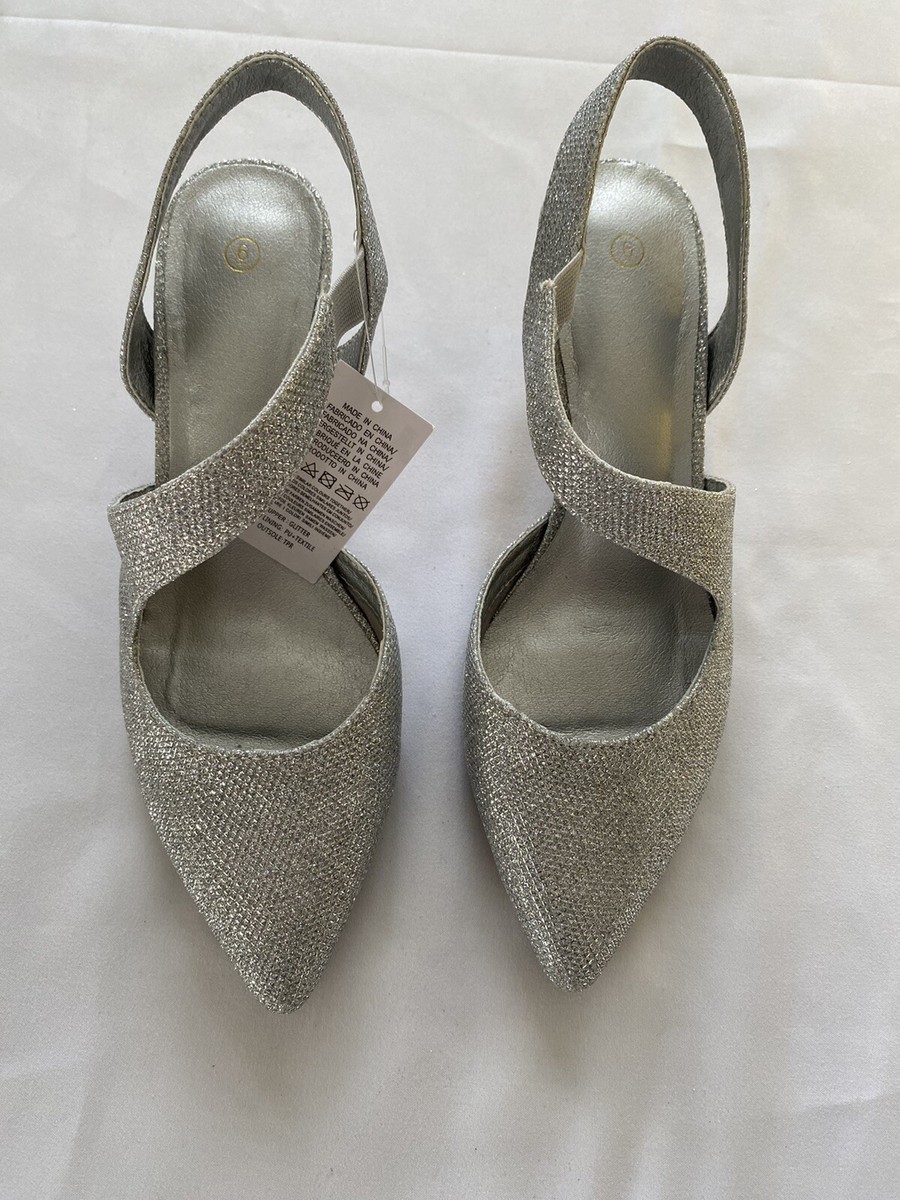 Womens Shoes Slingback Silver Glitter Sparkle Kitten Heel Pointed