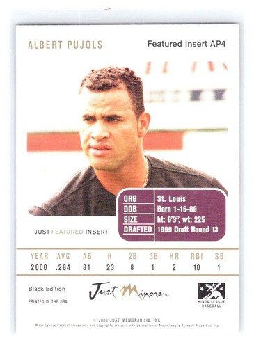 2004 Just Featured Preview #AP4 Albert Pujols Albert Pujols Black - Picture 2 of 2