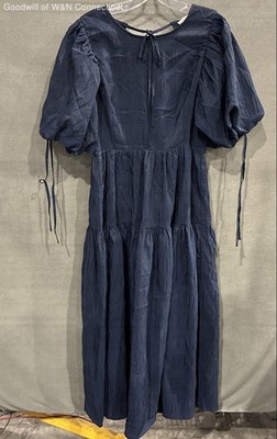 Moon River Women's Navy Blue Textured Tiered Puff Sleeve Tie Back Dress  Size M | eBay