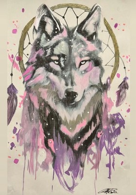 Indianer Traumfänger und Wolf Gemälde Druck