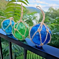 (3) Glass Fishing Floats On Rope, Nautical Fish Net Decor, Blue, Green Hand Made