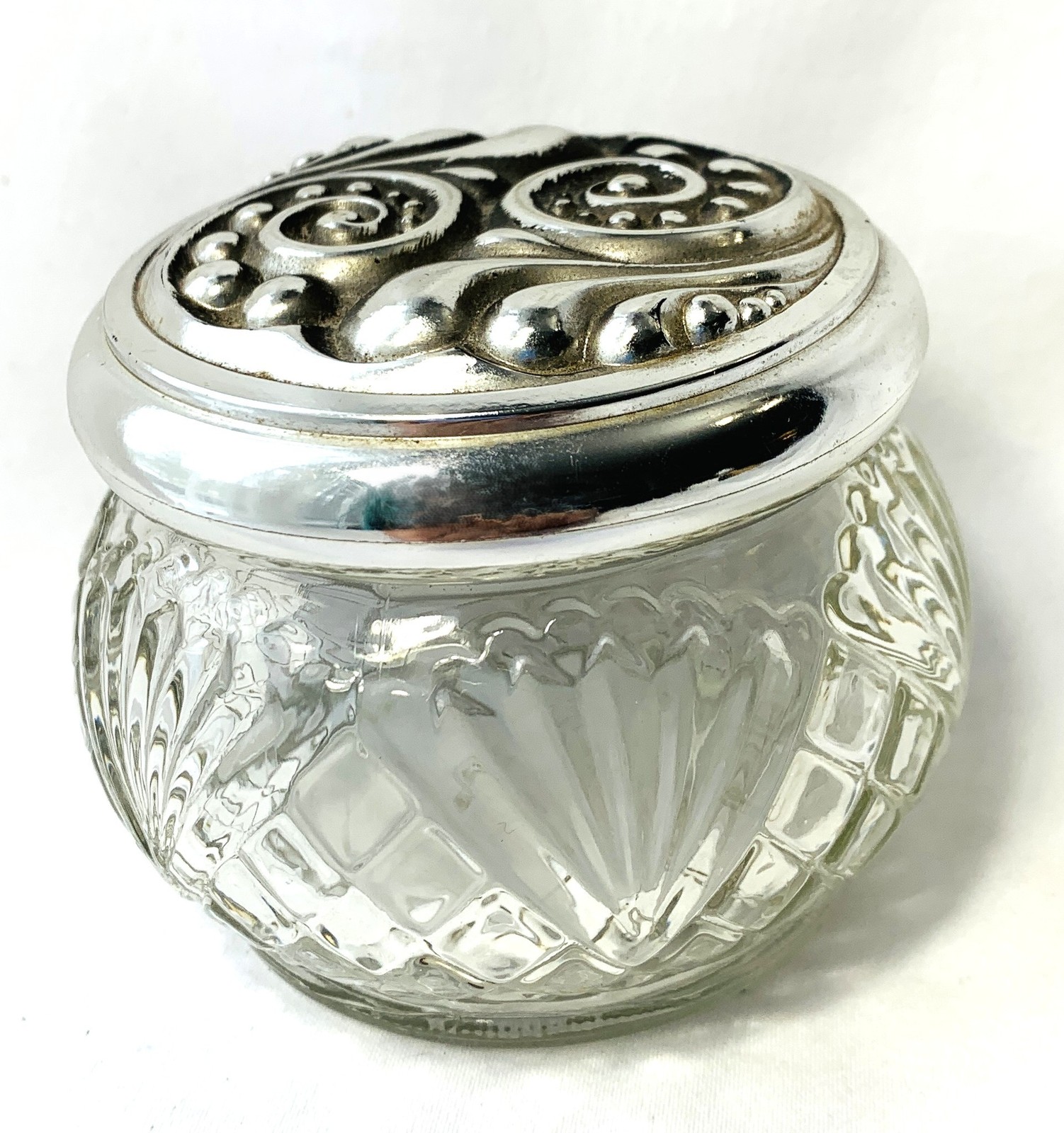 Vintage Avon Ornate Silver Tone Lid Clear Glass Powder Vanity Jar Box ...