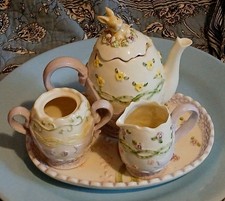 5 pc Easter Egg Tea Set w/Bunnies. Lavender and Green. Used in original box.