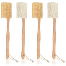4 Pack Natural Exfoliating Loofah Bath Brush On A Stick with Long Wooden Handle