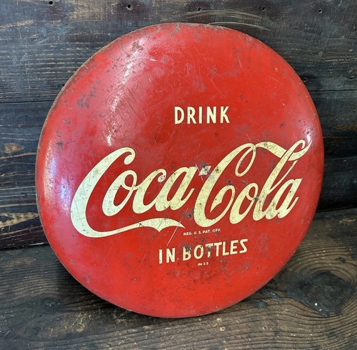 16" Coca Cola Button Coke Sign AM 33 (1953) Patina’d Condition Classic USA