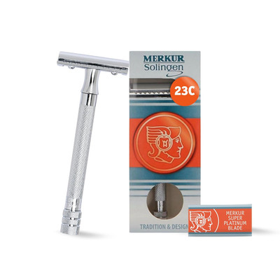 23C Double Edge Safety Razor - Polished Chrome, Long Knurled Brass Handle, Made