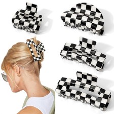 Checkered Hair Clip Large Racing Fan Flag Claw Clips for Thick Hair black