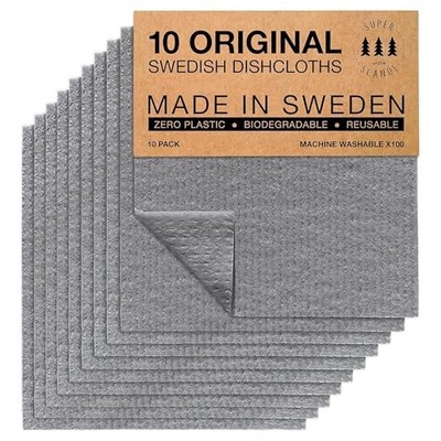Swedish Dishcloths for Kitchen - 100% Biodegradable & Compostable Grey 10 Pack