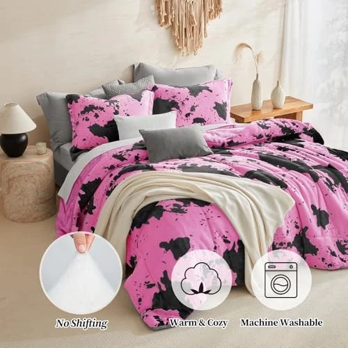  Velvet Flannel Comforter Set-Cow Print Western Style Twin Black/Pink - Image 2 of 4