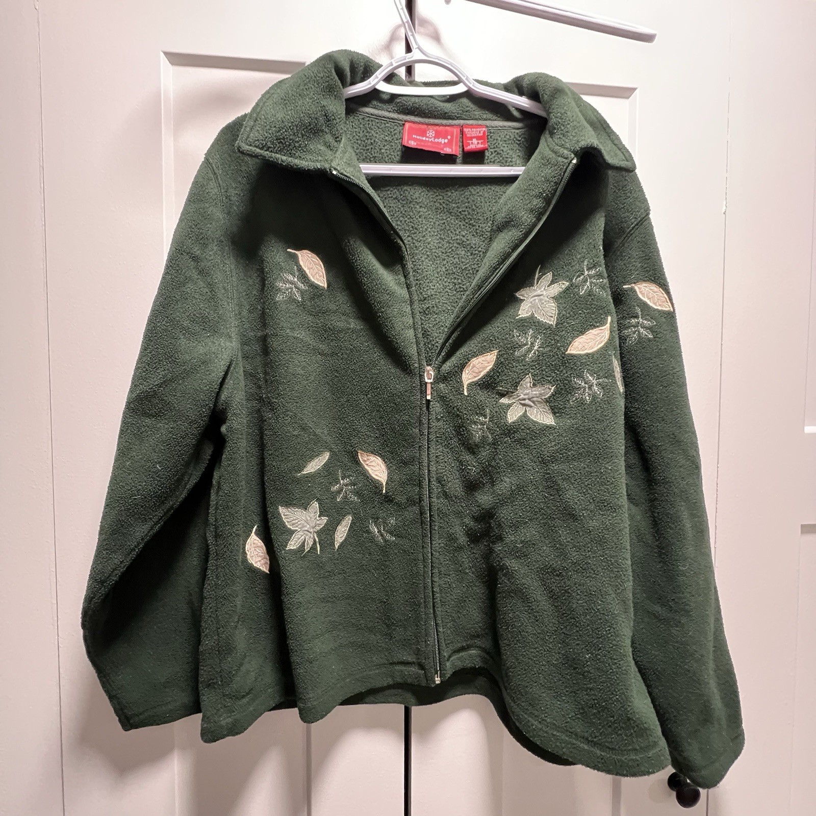 NorthCrest Holiday Lodge Green Fleece Jacket w/ Embroidered Leaves Size XL (18)