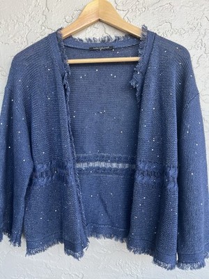 Luisa Cerano Blue Sequin Fringe Trim Cardigan Size 38 UK Size 8