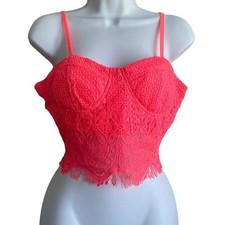 Y2K Women Coral Lacey Corset Crop Top L Sweetheart Bustier Coquette Festival