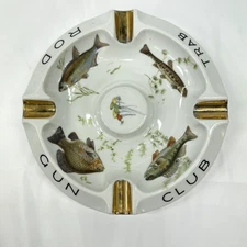 RARE US Army Vintage Trab Rod Gun Club Cigar Ashtray Fishing Porcelain France