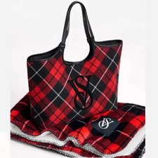 BRAND NEW VICTORIA'S SECRET LARGE RED/BLACK TOTE AND MATCHING THROW