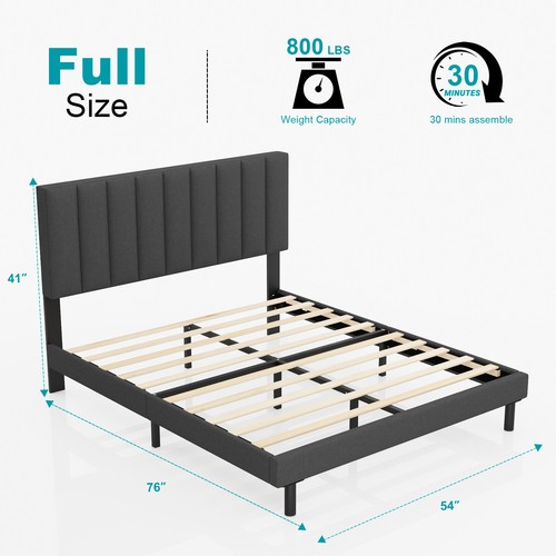 Full Queen King Size Bed Frame,Linen Fabric Upholstered Platform with Headboard - Picture 9 of 25