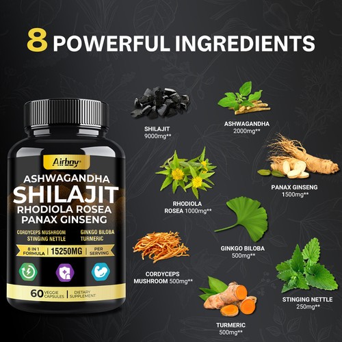 Ashwagandha, Shilajit, Ginseng, Rhodiola Rosea - Boosts Performance, Vitality - Picture 4 of 13