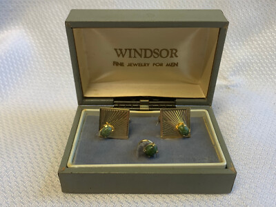 Windsor Cufflinks & Tie Tack Set in Box Green Stone Goldtone Mens Suit Jewelry