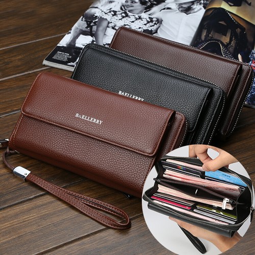 Herren Leder Clutch Tasche Große Kapazität Reißverschluss Geldbörse Kreditkartenetui Geldbörse