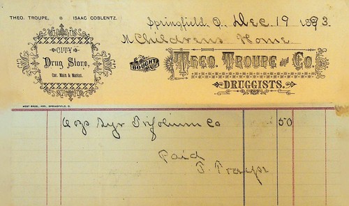 Theo Troupe & Co Druggists Springfield Ohio Billhead 1893 City Drug Store