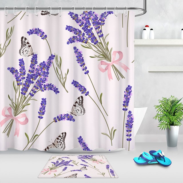 Purple Lavender Flowers and Butterfly Fabric Shower Curtain Set