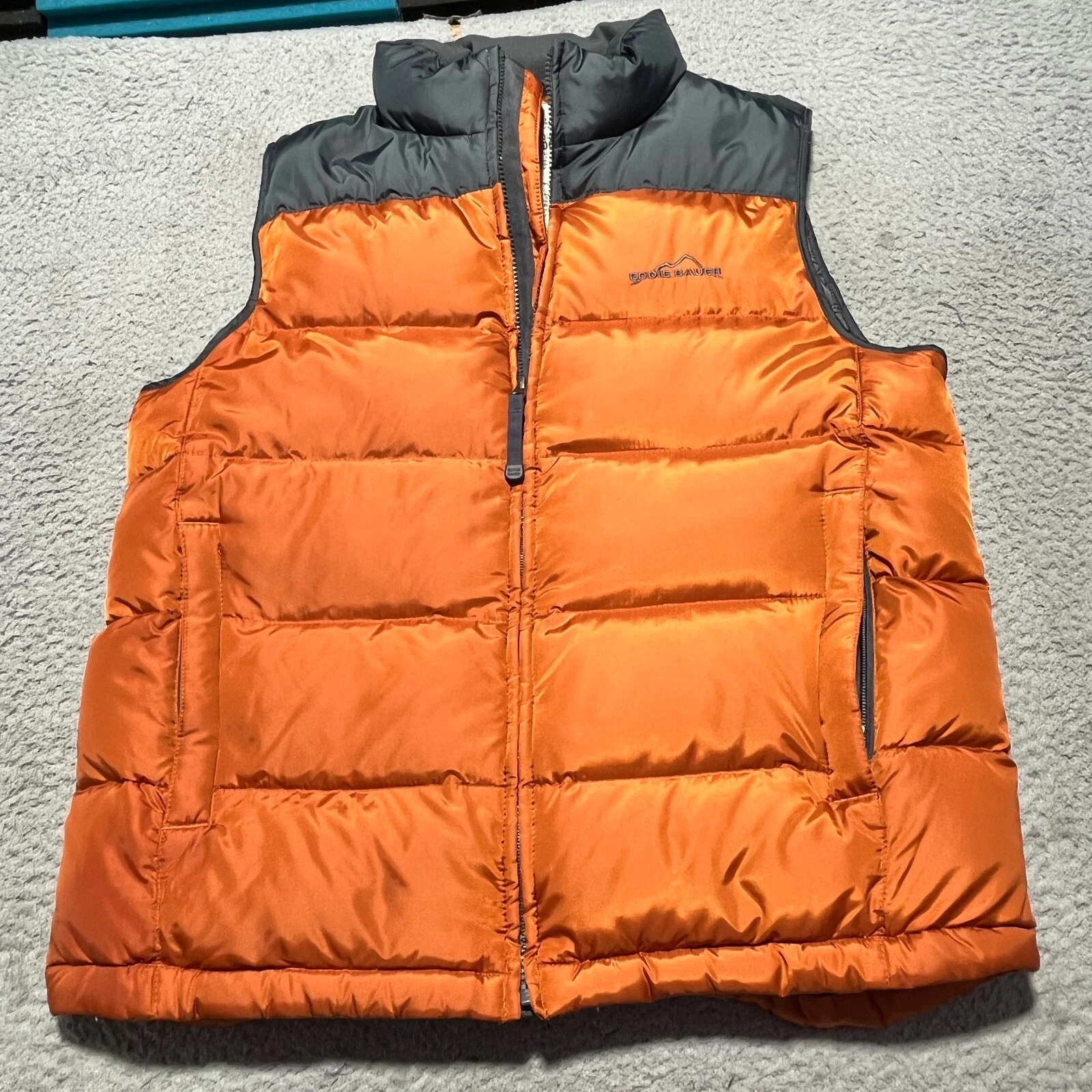 Eddie Bauer Down Puffer Vest Vintage Mens Medium Orange Quilted Full Zip Outdoor