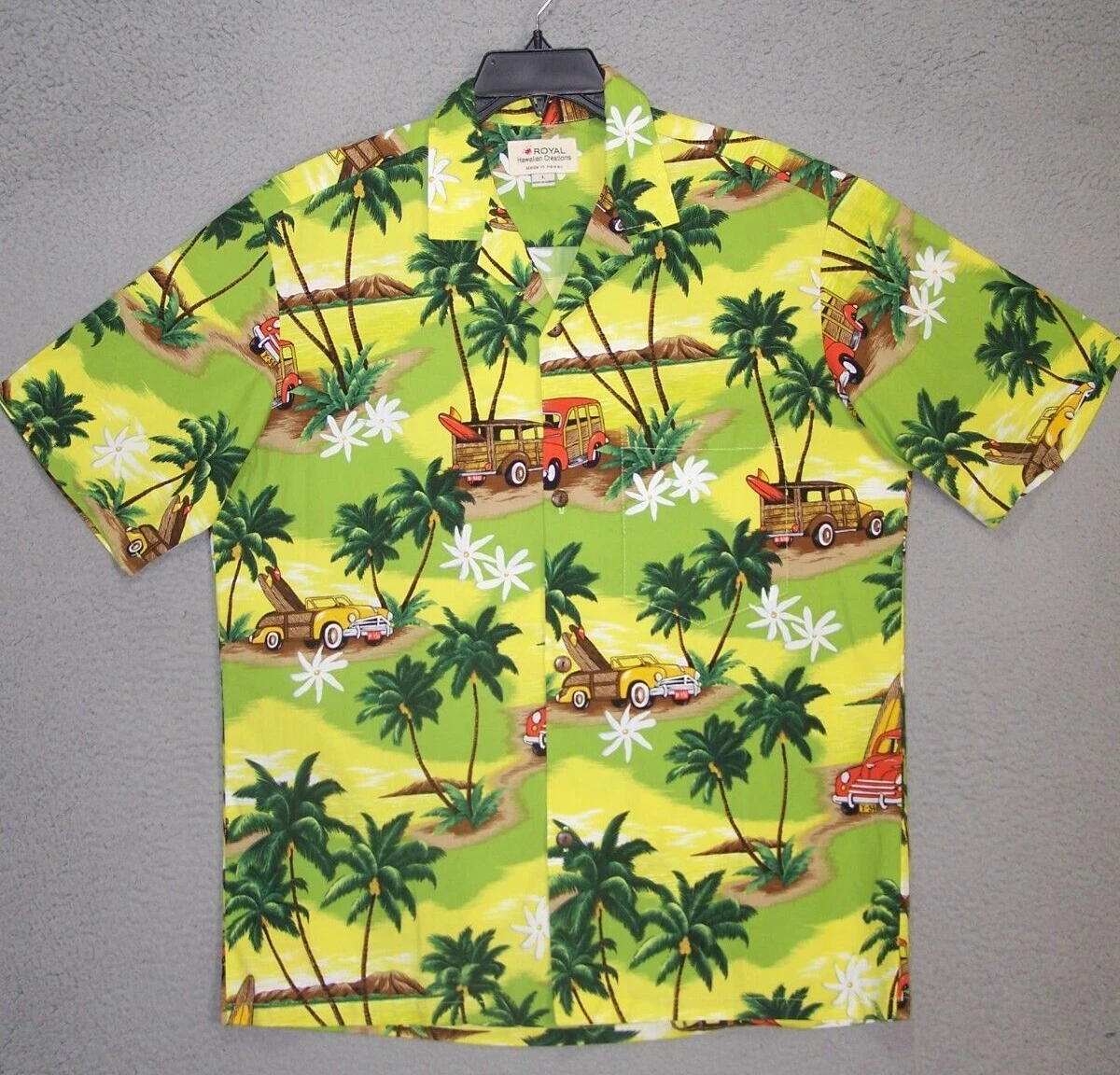 Royal Creations Shirt Adult Large Woody Hawaiian USA Short Sleeve Button Mens