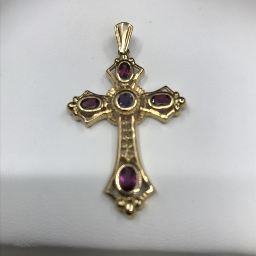 14K Yellow Gold Cross Pendant with Natural Violet And Lavender Spinel Gemstones - Picture 4 of 20