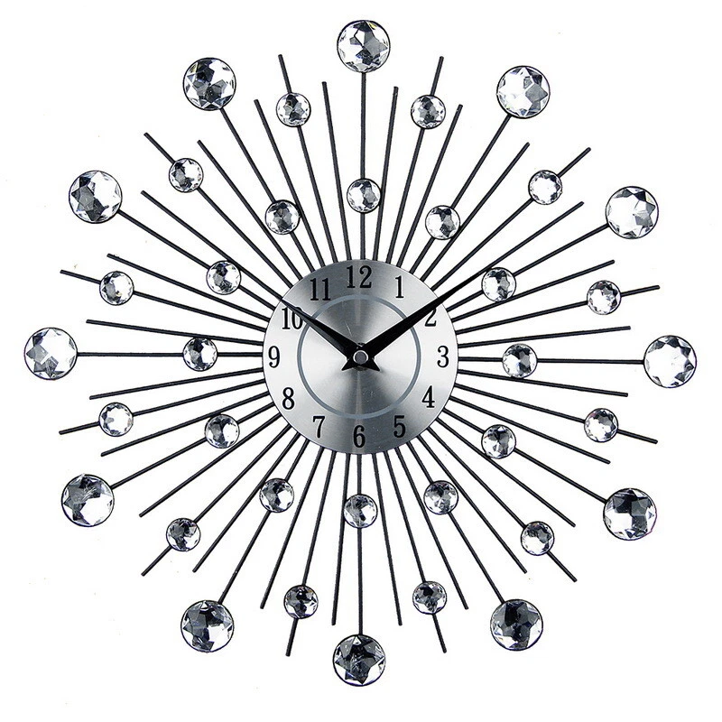 Home Large Crystal Wall Clock Round Diamond Hanging Metal Wall Watch Wall Decor - Image 4 of 4
