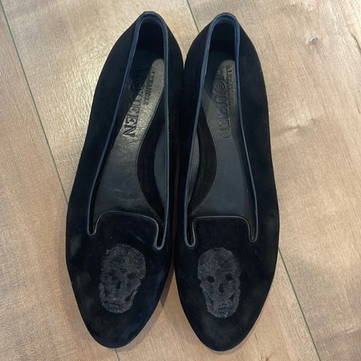 AUT Alexander McQueen Black Sequin Skull Suede Smoking Slippers