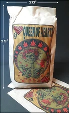 HUGE BURLAP BAG 'QUEEN OF HEARTS' ART WORK 20X32 INCHES DRAWSTRINGS MAN CAVE