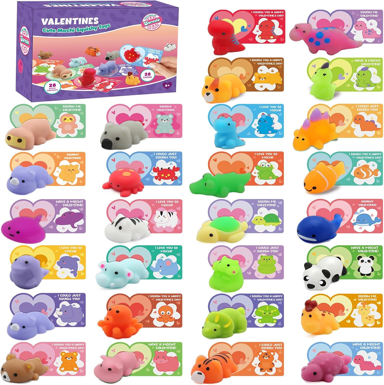 28 Pack Valentines Day Gifts for Kids, Mochi Squishies Party Favor Set with Vale