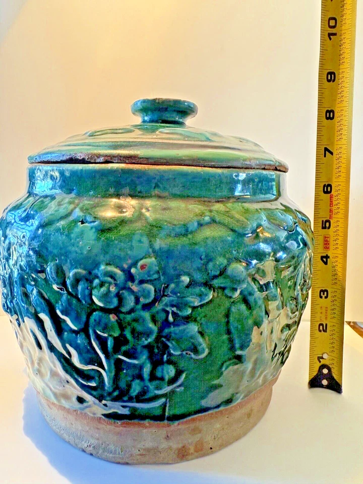 Shiwan Green Lidded Ginger Jar - Large Old - Antique Pottery Pot - Image 3 of 4