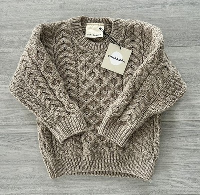 NWT Binibamba Aran Knitted Pure Merino Wool Baby Jumper Sold Out In Toast Size L