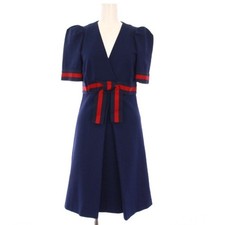 GUCCI Jersey V-neck Dress Short Sleeves Knee-Length GG Buttons Size S Navy Women