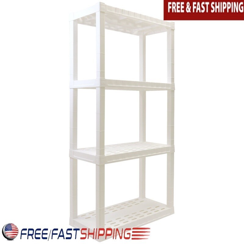 Plastic Garage Shelves 4 Tier Storage Rack Heavy Duty Interlocking Shelving Unit