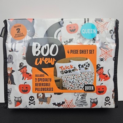 Queen Halloween Boo Crew 4 Piece Sheet Set 2 Specialty Reversible Pillowcases