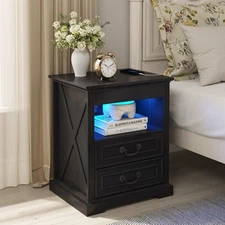 Lvifur Night Stand with Gun Drawer, Bedside Table with Charging Station, Black