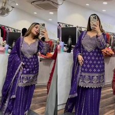 Unique Style Purple Chinon Silk Kurta Palazzo With Dupatta For Women & Girls