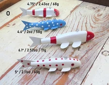 4 Folk Art Handmade/Painted Wood Fish Decoys Spearing/Ice Fishing Weighted (O)