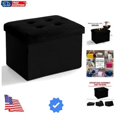 Versatile Black Velvet Ottoman - Folding Foot Rest and Storage Bench 17x13x13